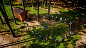 An aerial photo of people participating in a Maine Bound program